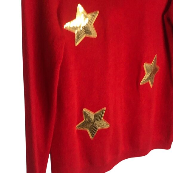 Cashmere  Sweater Womens Medium Red Turtleneck Gold Sequin Stars Celestial - Picture 16 of 16